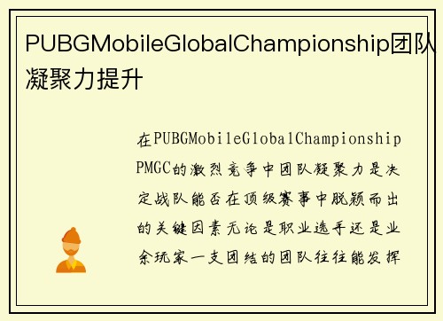 PUBGMobileGlobalChampionship团队凝聚力提升